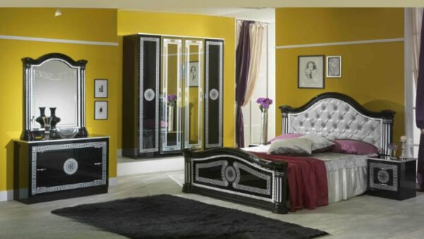 Ben Company New Serena Padded Black and Silver Italian Bed Group Set with 6 Door Wardrobe