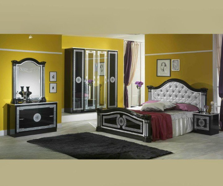 Ben Company New Serena Padded Black and Silver Italian Bed Group Set with 6 Door Wardrobe