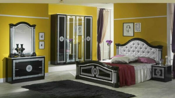 Ben Company New Serena Padded Black and Silver Italian Bed Group Set with 4 Door Wardrobe