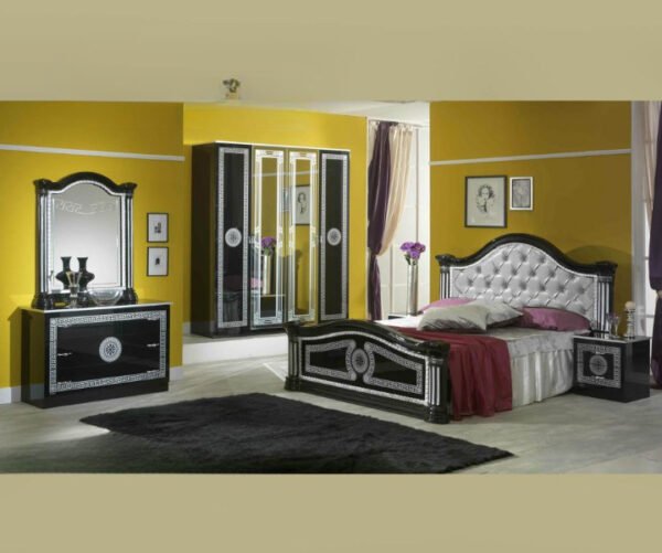 Ben Company New Serena Padded Black and Gold Italian Bed Group Set with 4 Door Wardrobe