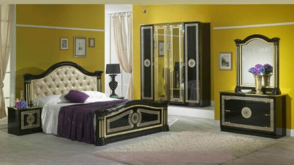 Ben Company New Serena Padded Black and Gold Italian Bed Group Set with 6 Door Wardrobe