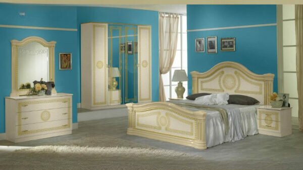 Ben Company New Serena Beige and Gold Italian Bed Group Set with 6 Door Wardrobe