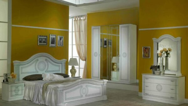 Ben Company New Serena White and Silver Italian Bed Group Set with 6 Door Wardrobe