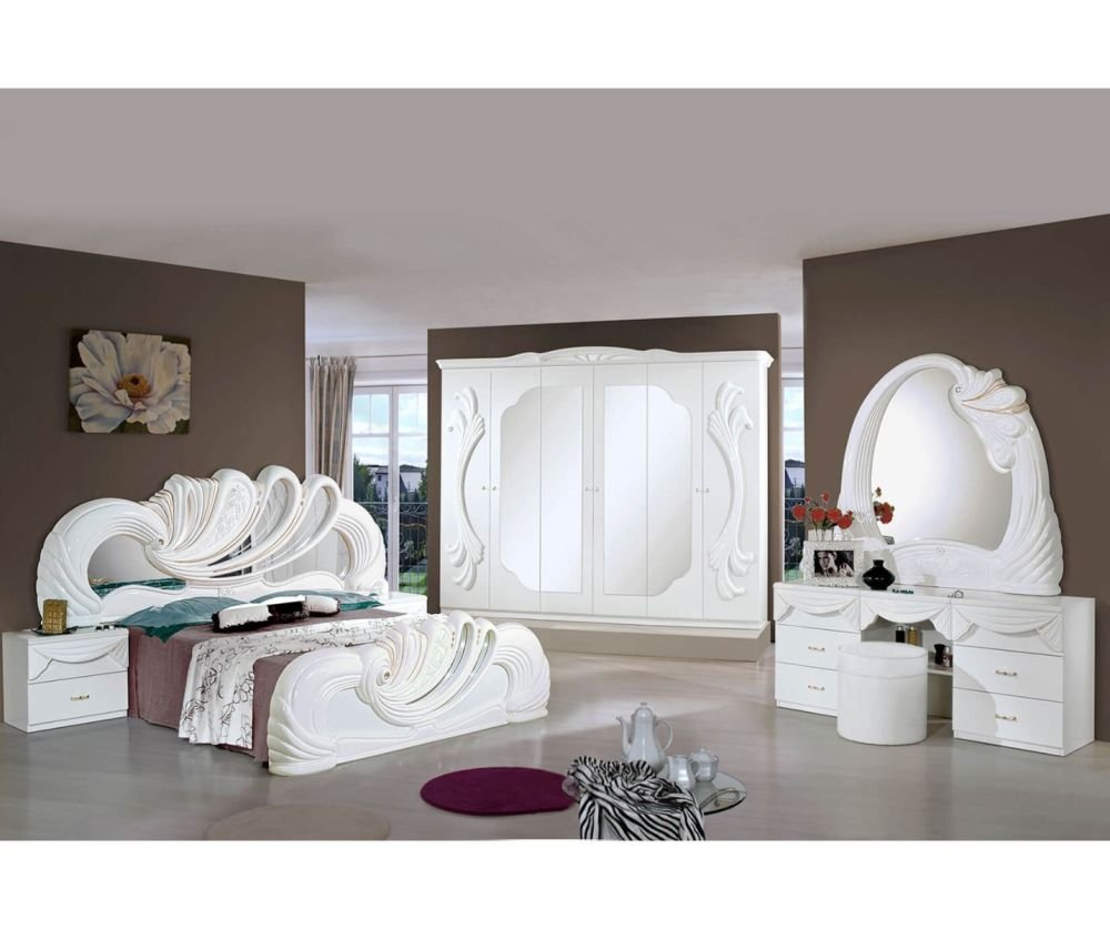 H2O Design Gina2 White Italian Bedroom Set with 6 Door Wardrobe and Vanity Dresser