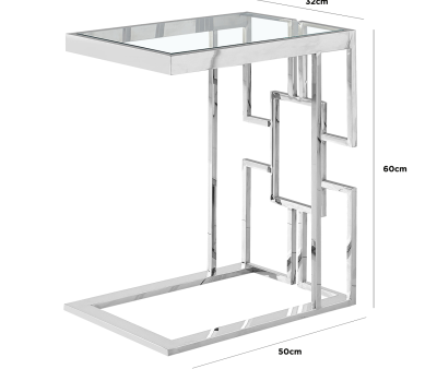 With this Geo Stainless Steel Sofa Table With Glass Top, you may enjoy TV meals! The C shape sofa table fits into any couch arm and provides a convenient table for eating meals in front of the TV – the ideal piece of furniture for binge-watching your favorite TV series or movies! Primary MaterialStainless Steel Secondary MaterialTempered Glass Primary ColourChrome Secondary ColourN/A Packaging TypeNormal Packaging Assembly TypeKit of Parts