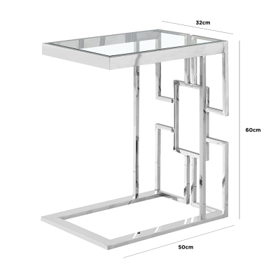 With this Geo Stainless Steel Sofa Table With Glass Top, you may enjoy TV meals! The C shape sofa table fits into any couch arm and provides a convenient table for eating meals in front of the TV – the ideal piece of furniture for binge-watching your favorite TV series or movies! Primary MaterialStainless Steel Secondary MaterialTempered Glass Primary ColourChrome Secondary ColourN/A Packaging TypeNormal Packaging Assembly TypeKit of Parts