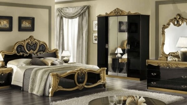 Camel Group Barocco Black and Gold Finish Italian Bedroom Set with Vanity Dresser